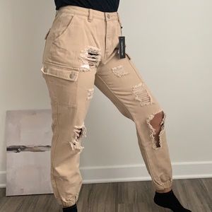 Tan Distressed Denim Jeans